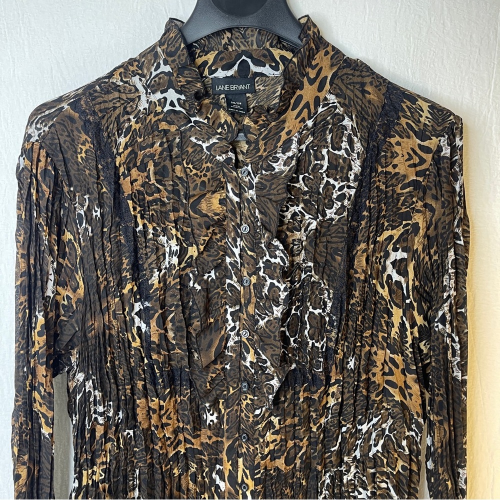 Lane Bryant Brown Abstract Animal Print Mesh Plisse Blouse Womens Plus 22/24